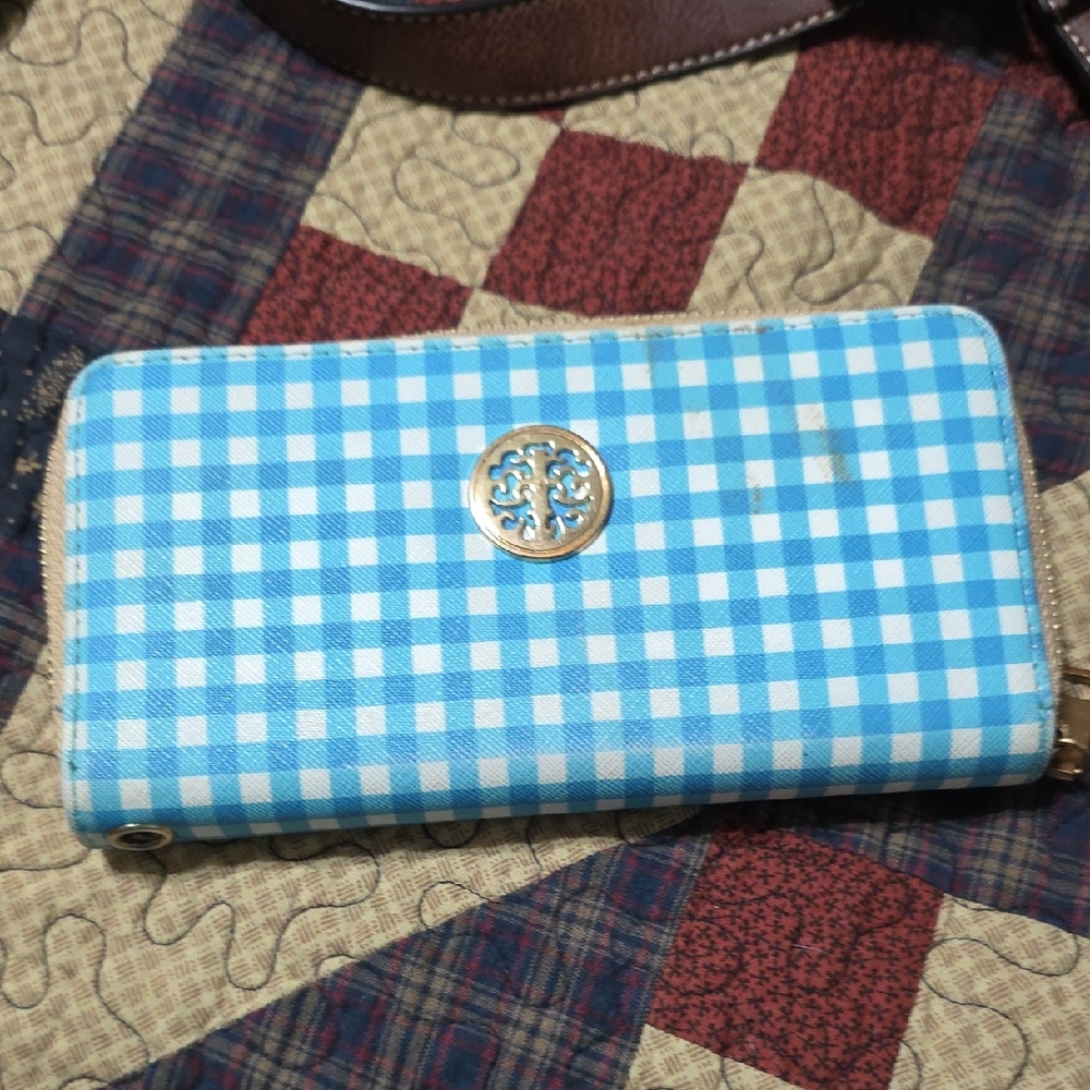 Blue Checkered Wallet with Gold Logo